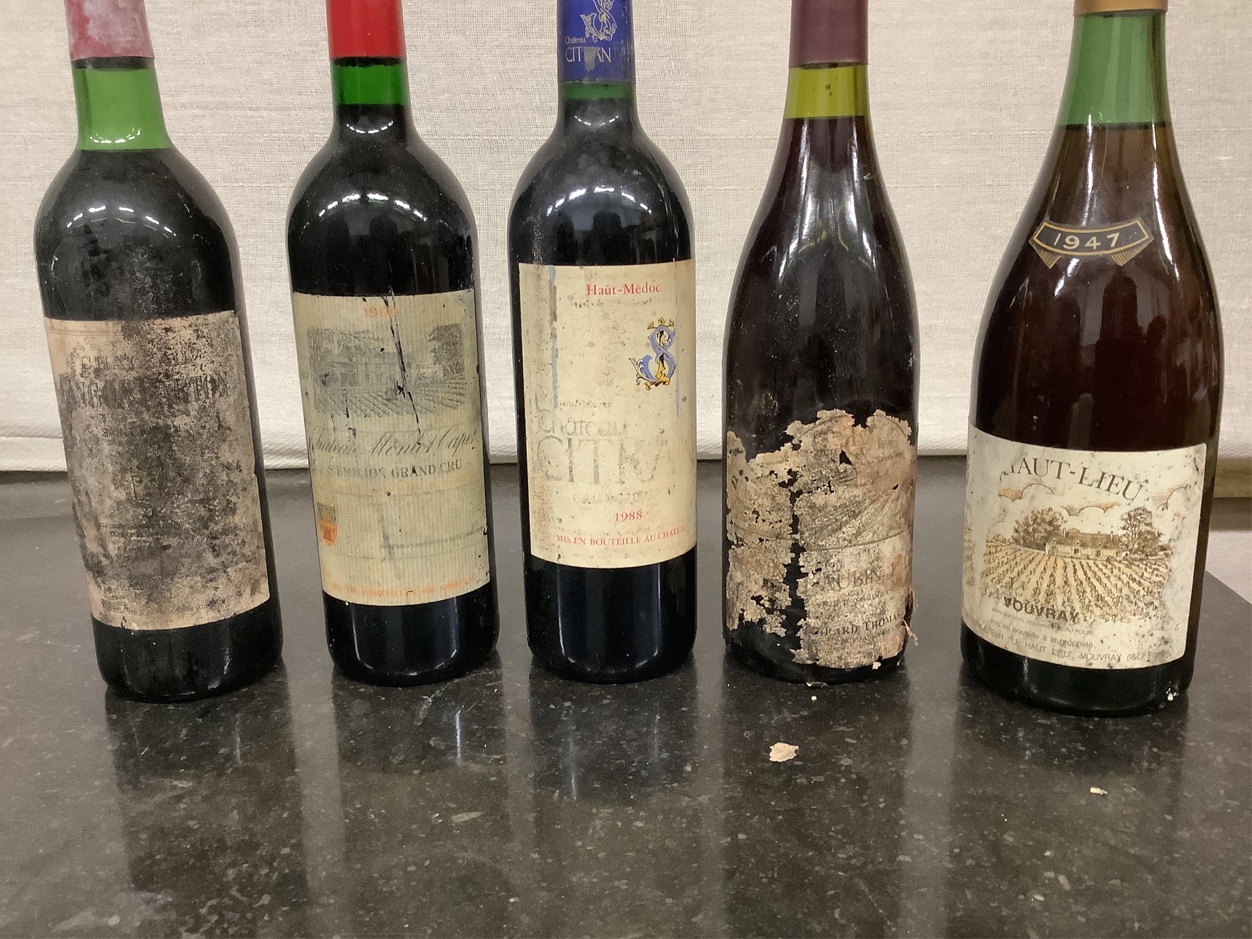 Forty one assorted bottles of wine. Condition - fair, many labels degraded, from a local private cellar)